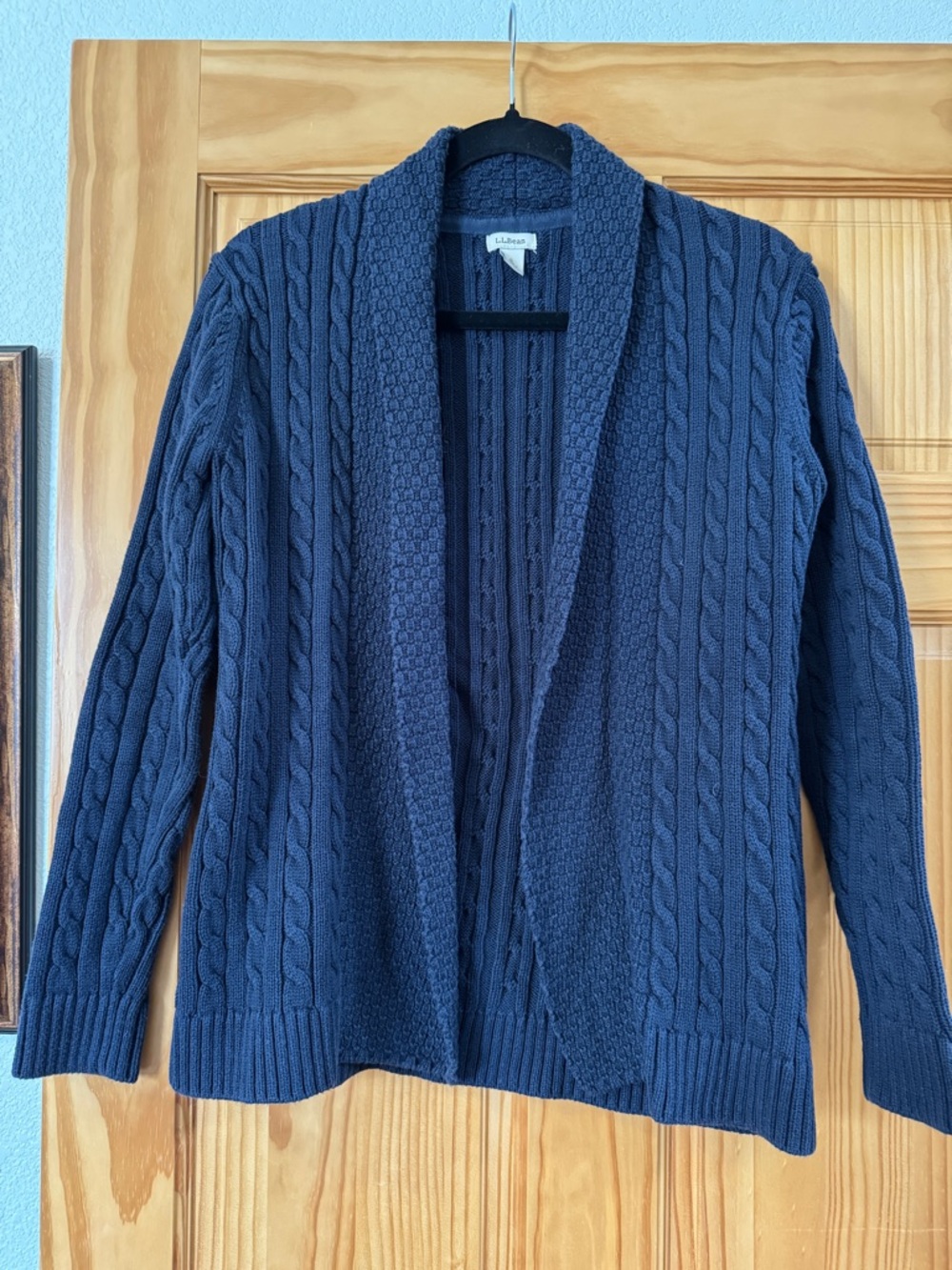 LLBean Navy Cable Knit Open Cardigan Sweater